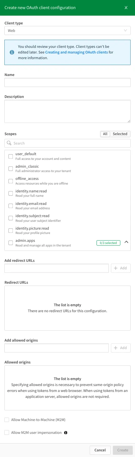 a screenshot of the configuration options for a Web OAuth2 client