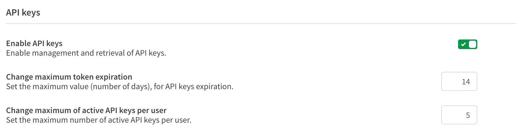 a screenshot of the API keys section of the
Settings in the tenant management console