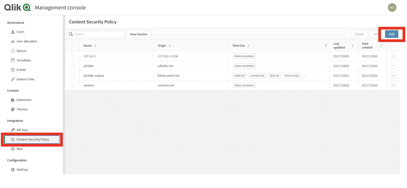 Management console with Content Security Policy menu item and Add button highlighted
