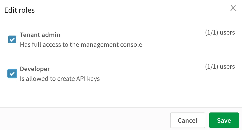 a screenshot of the edit roles modal for a user
entry in the tenant management console