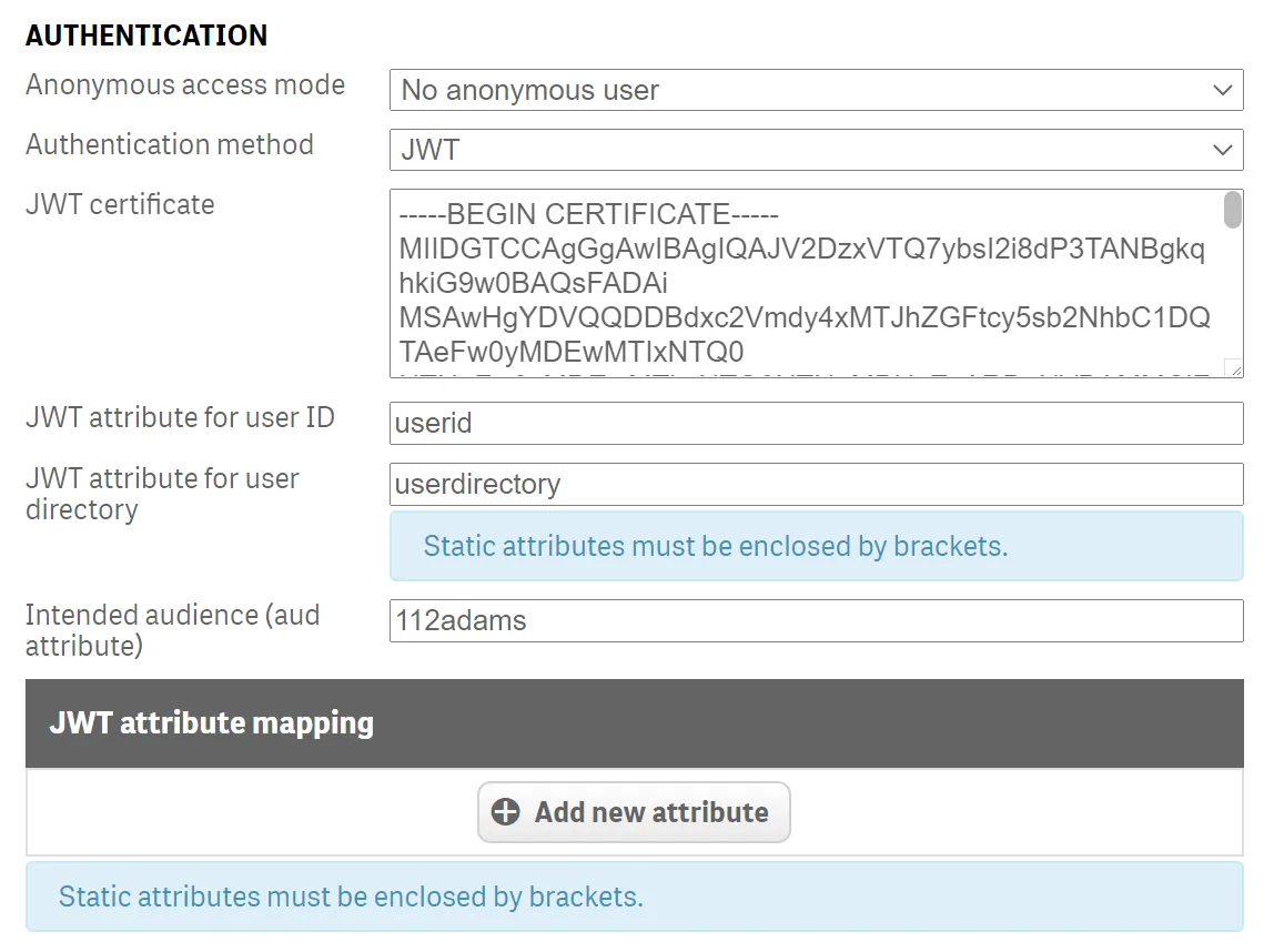 a screenshot of the Authentication section for a virtual proxy
configuration