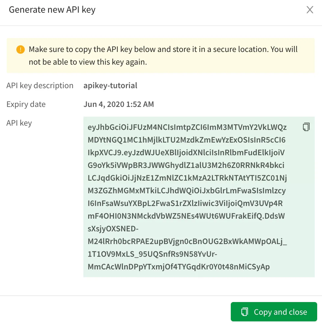 a screenshot of the generated key in the generate new
key configuration screen.