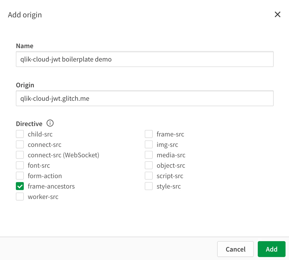 a screenshot of the csp configuration screen of Qlik Cloud.