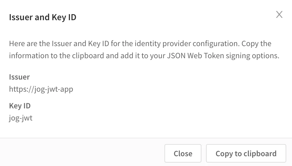 a screenshot of the populated issuer and
key id for JWT authorization in your tenant.