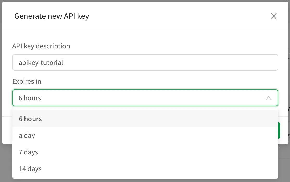 a screenshot of the generate new key configuration screen.