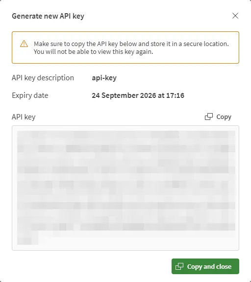 Generated API key dialog with the API key ready to copy