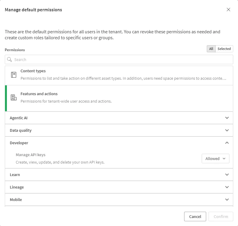 Manage default permissions with the Manage API Keys permission enabled