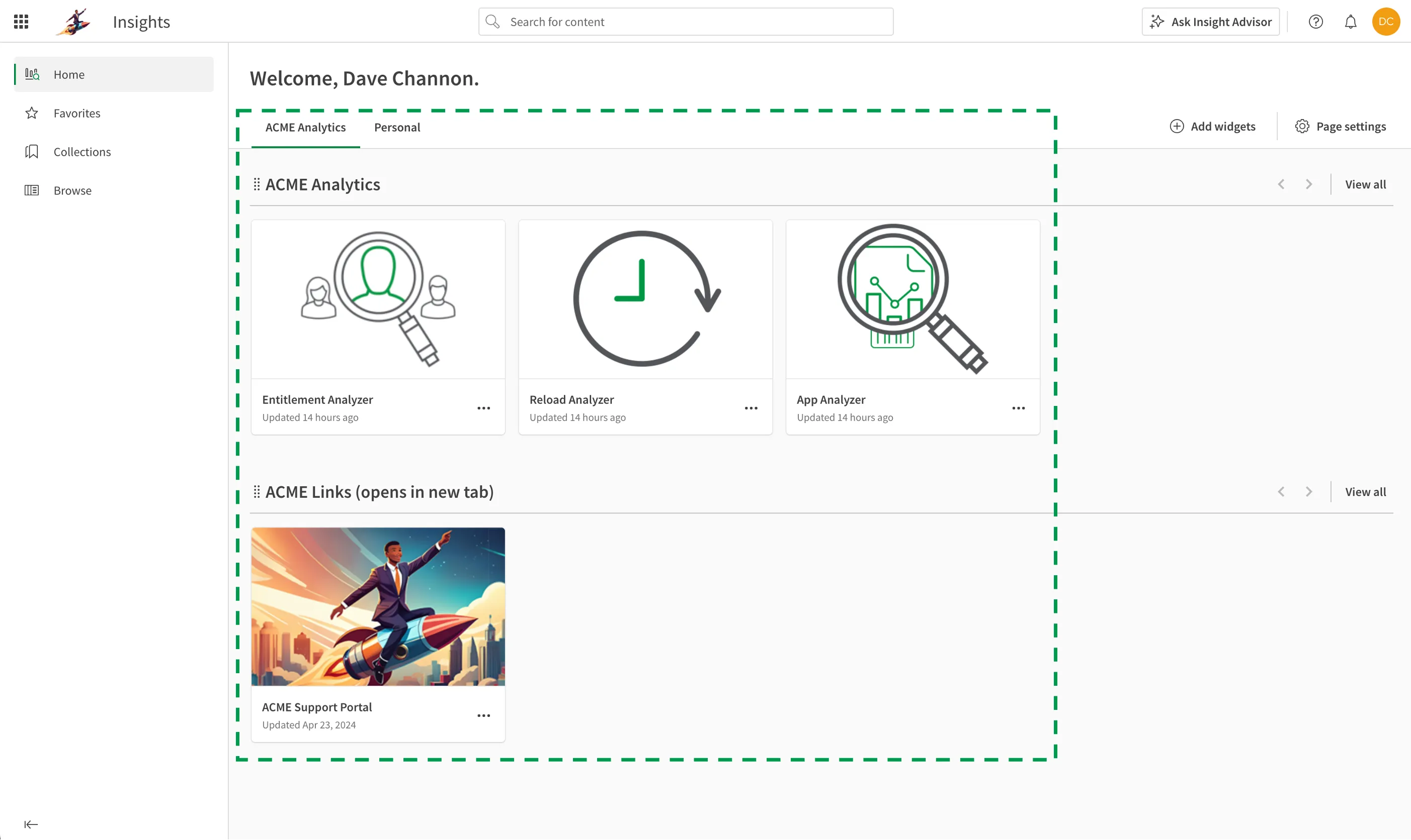 Direct access to the Qlik Cloud Hub, highlighting the custom home, generic link, and public collection