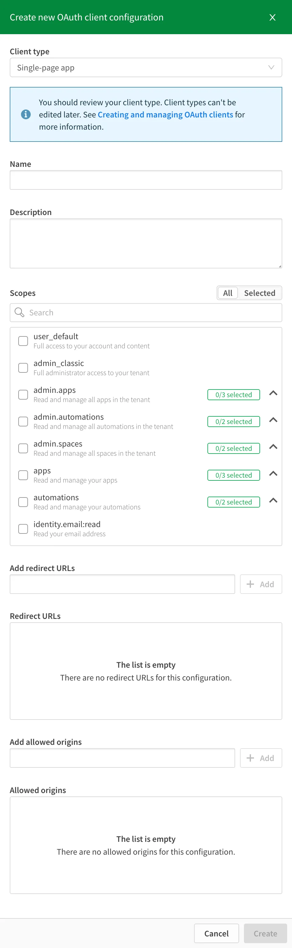 a screenshot of the configuration options for a SPA OAuth2 client
