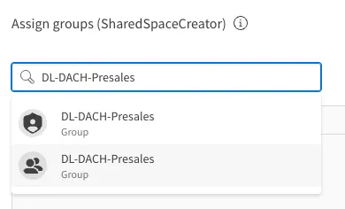 A screenshot of the user interface showing an Identity Provider managed group and a custom group with their respective icons