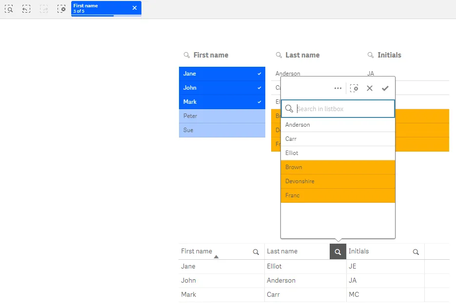 Sheet containing three listboxes, with the selection bar at the top. A search menu for the table chart below the listboxes has been expanded to show that the custom property values appear in all listboxes in the user interface, not just within filter panes.