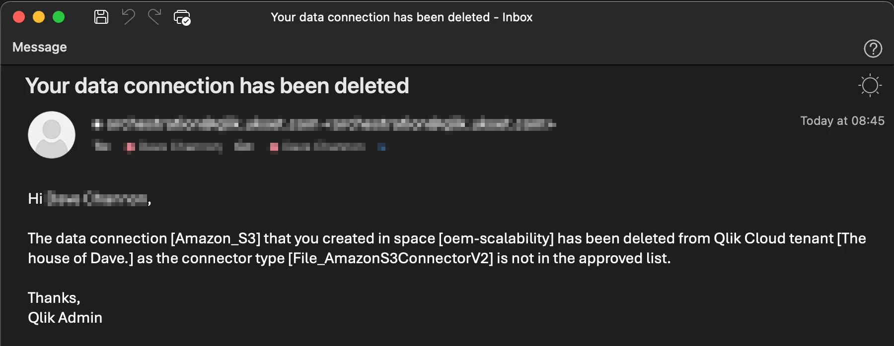 email output send when connection has been deleted