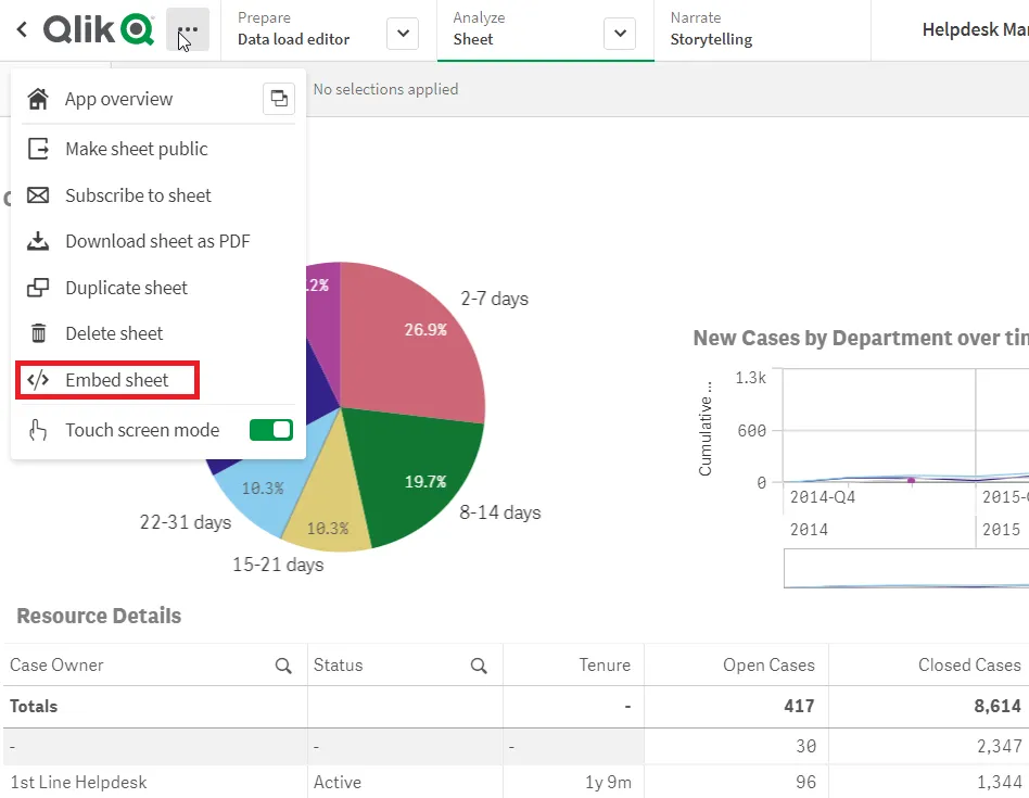 Dropdown menu with embed sheet highlighted