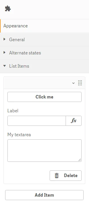 Custom array/list object
in extension, with Add Item button clicked and fields/data entry available