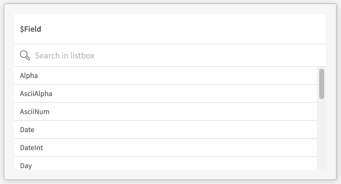 a screenshot of a listbox embedded into a web app
using qlik-embed and the analytics/field UI