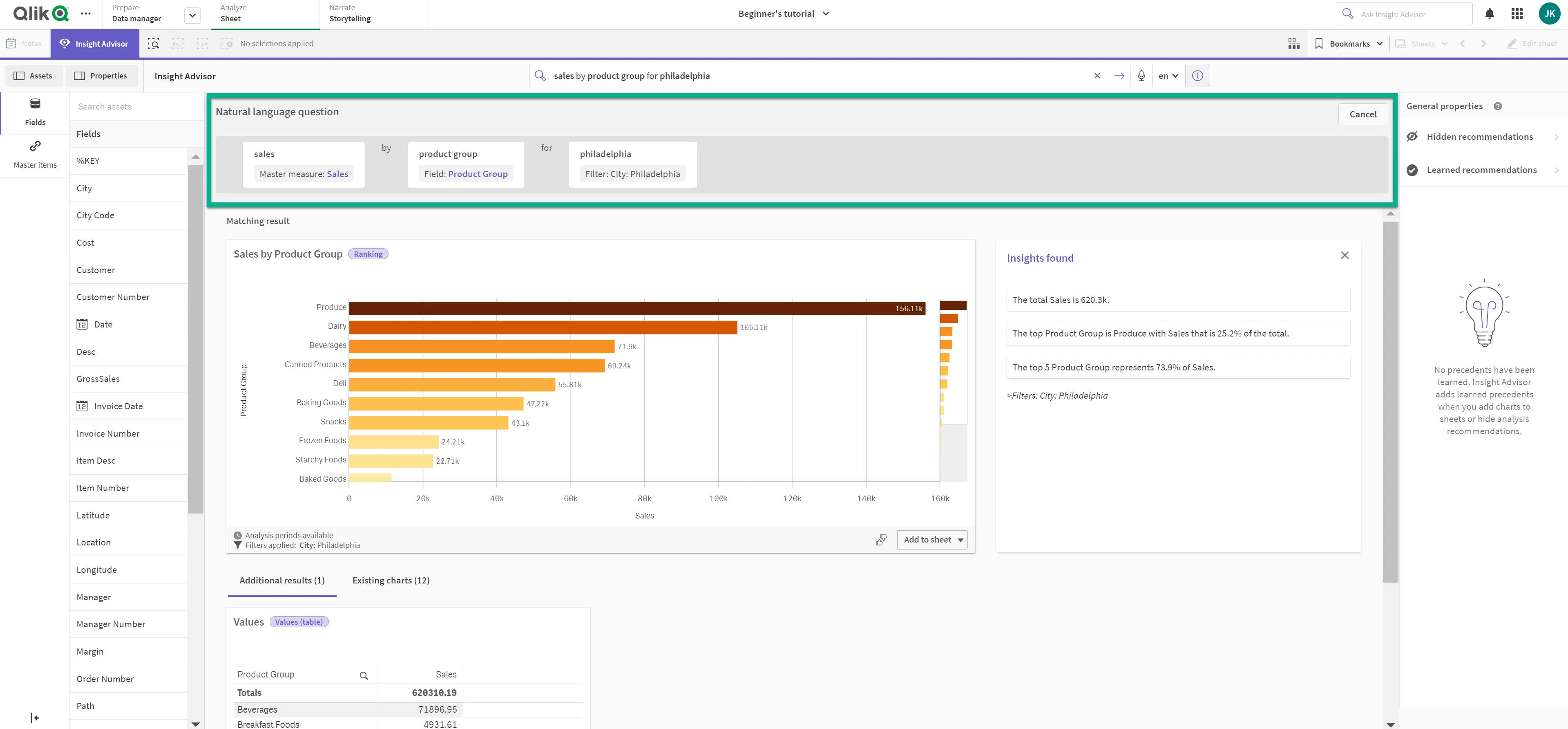 Section of Insight Advisor showing where the interpreted fields are presented for a natural language question.