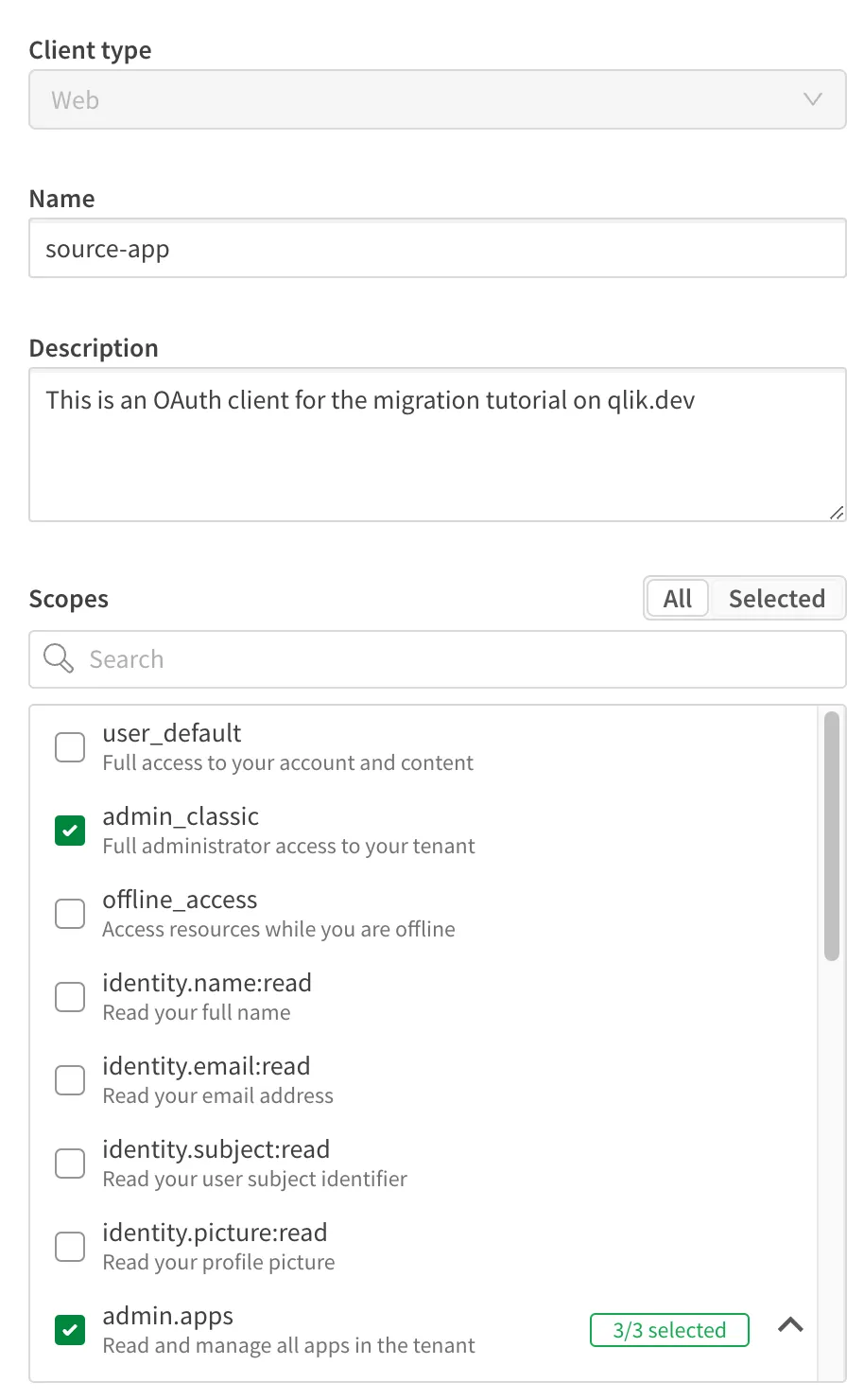 a screenshot of the OAuth configuration for the source
tenant with admin.apps and admin_classic scopes assigned.