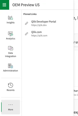 Screenshot of the Qlik Cloud navigation menu with two pinned links