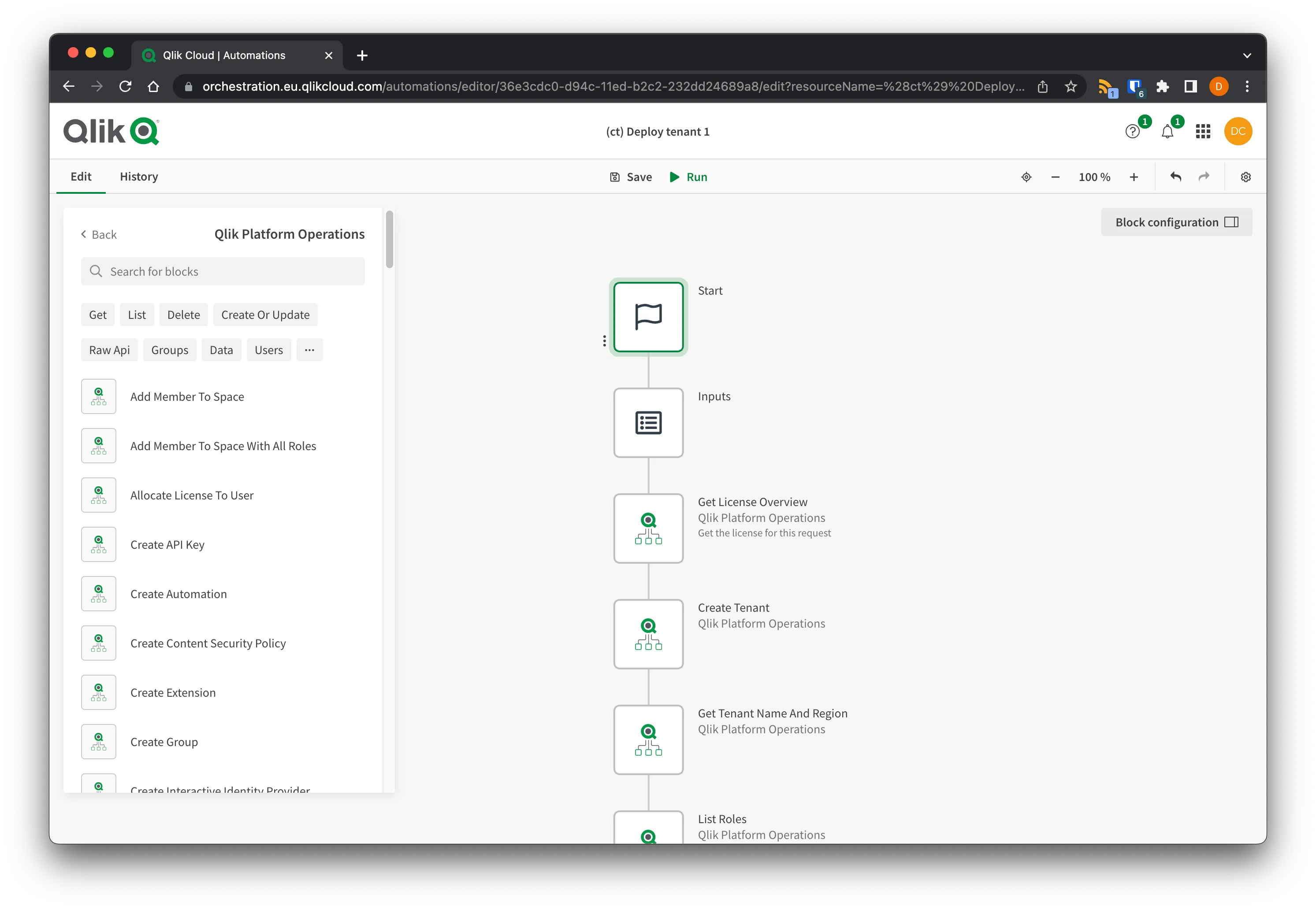 Browser window showing the platform operations connector in application automation