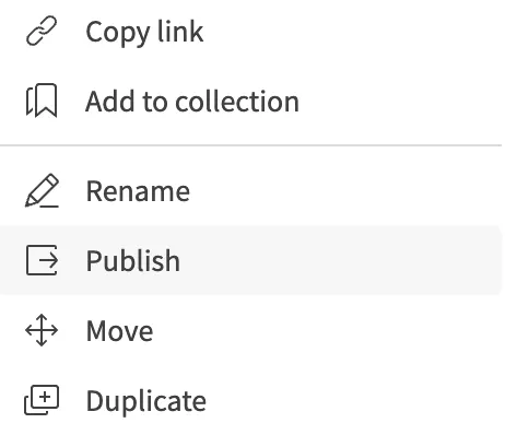 The Publish menu item in the app context menu