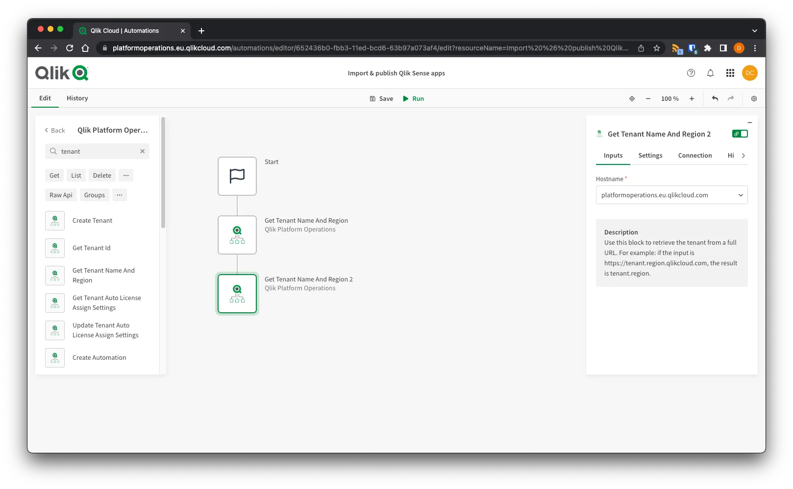 Browser window showing Get Tenant Name And Region blocks