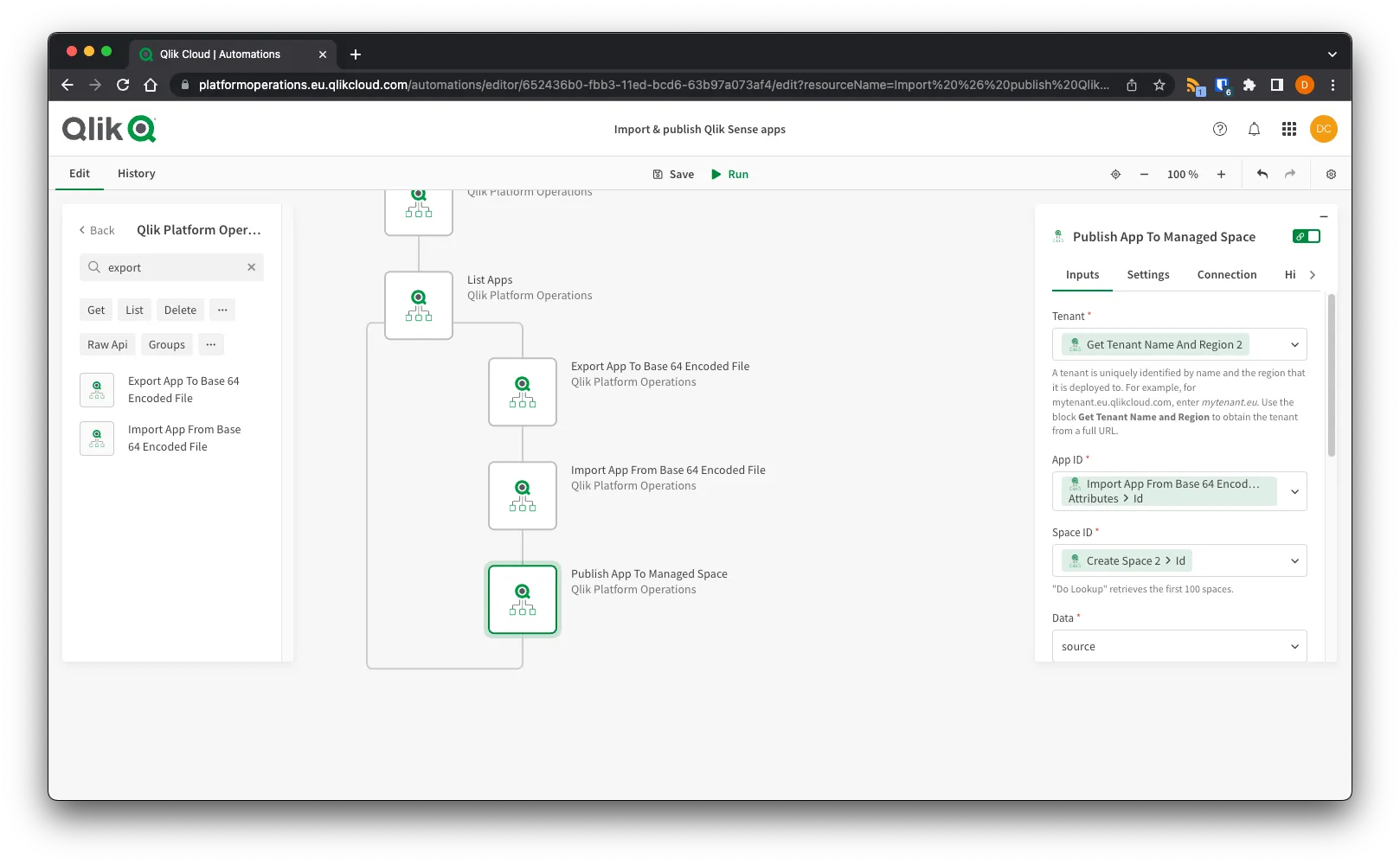 Browser window showing the Export App to Base 64 block