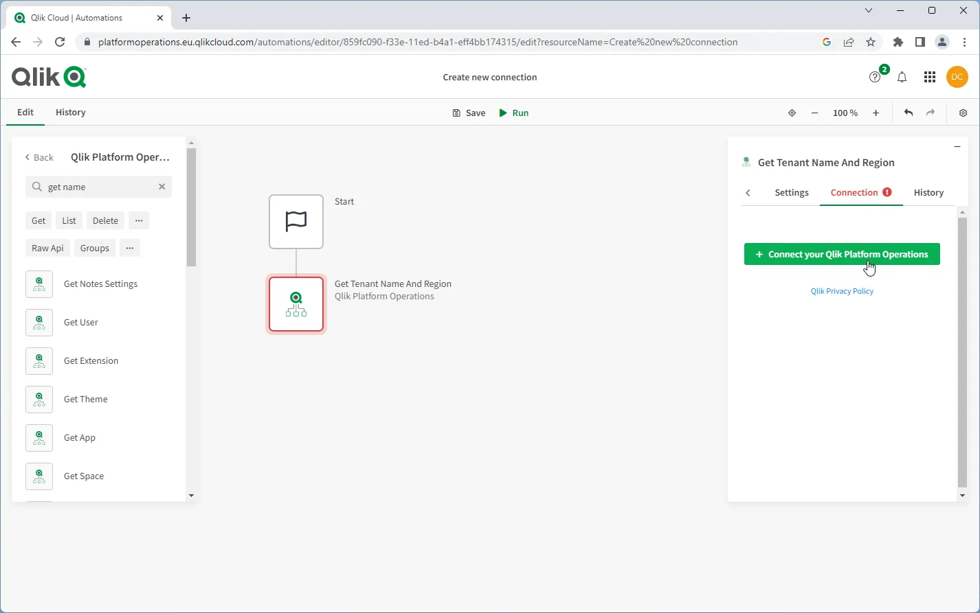 Browser window showing the Connect button for Platform Operations