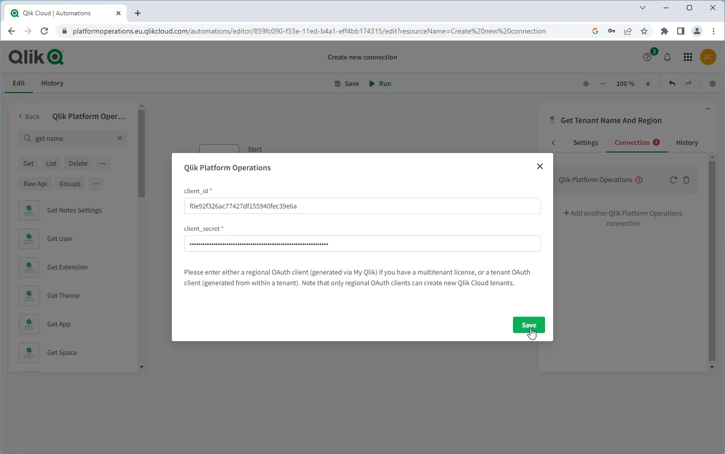 Browser window showing the Connect dialog box for Platform Operations