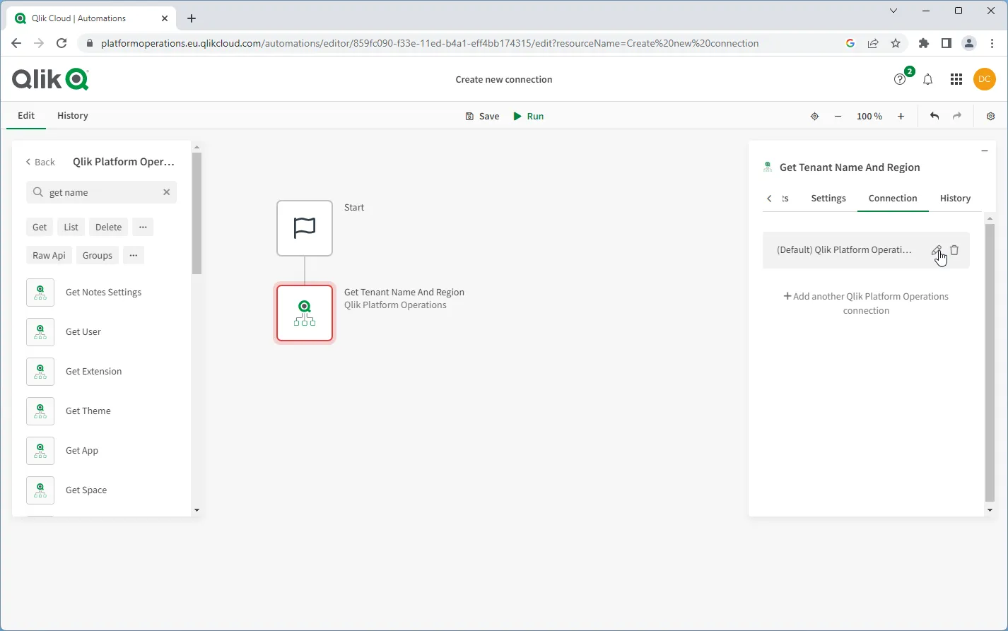 Browser window showing a newly created connection to Platform Operations