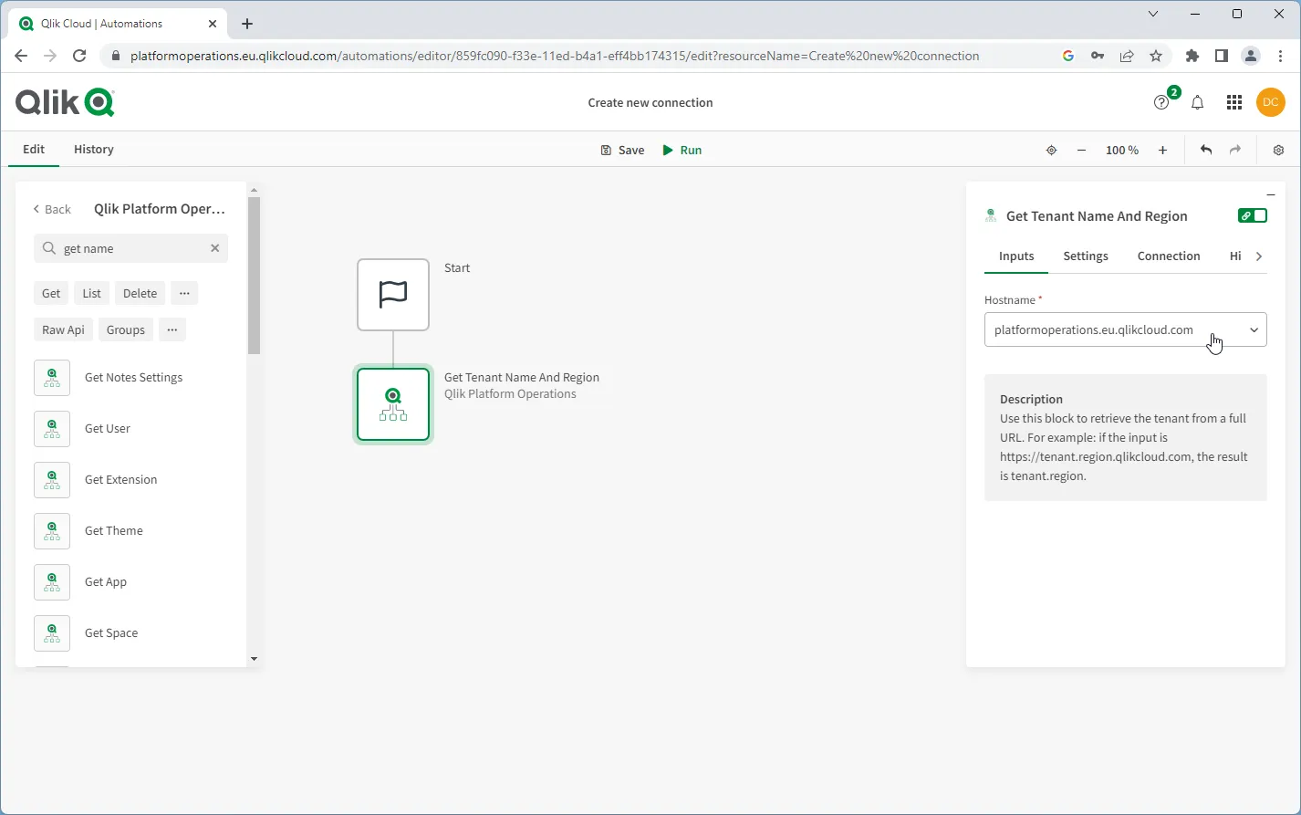 Browser window showing a Get Tenant Name And Region block on the canvas