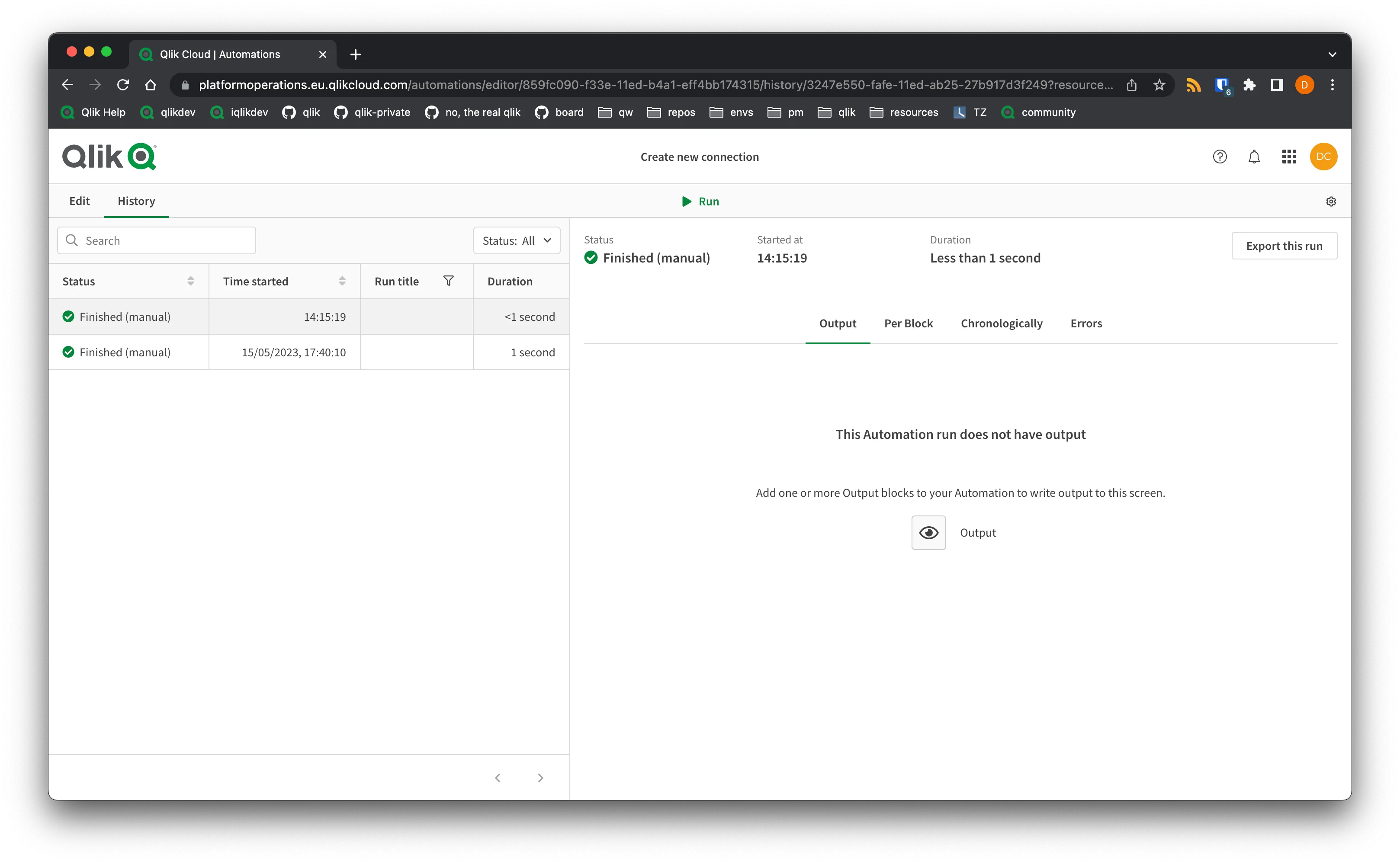 Browser window showing the automation run screen