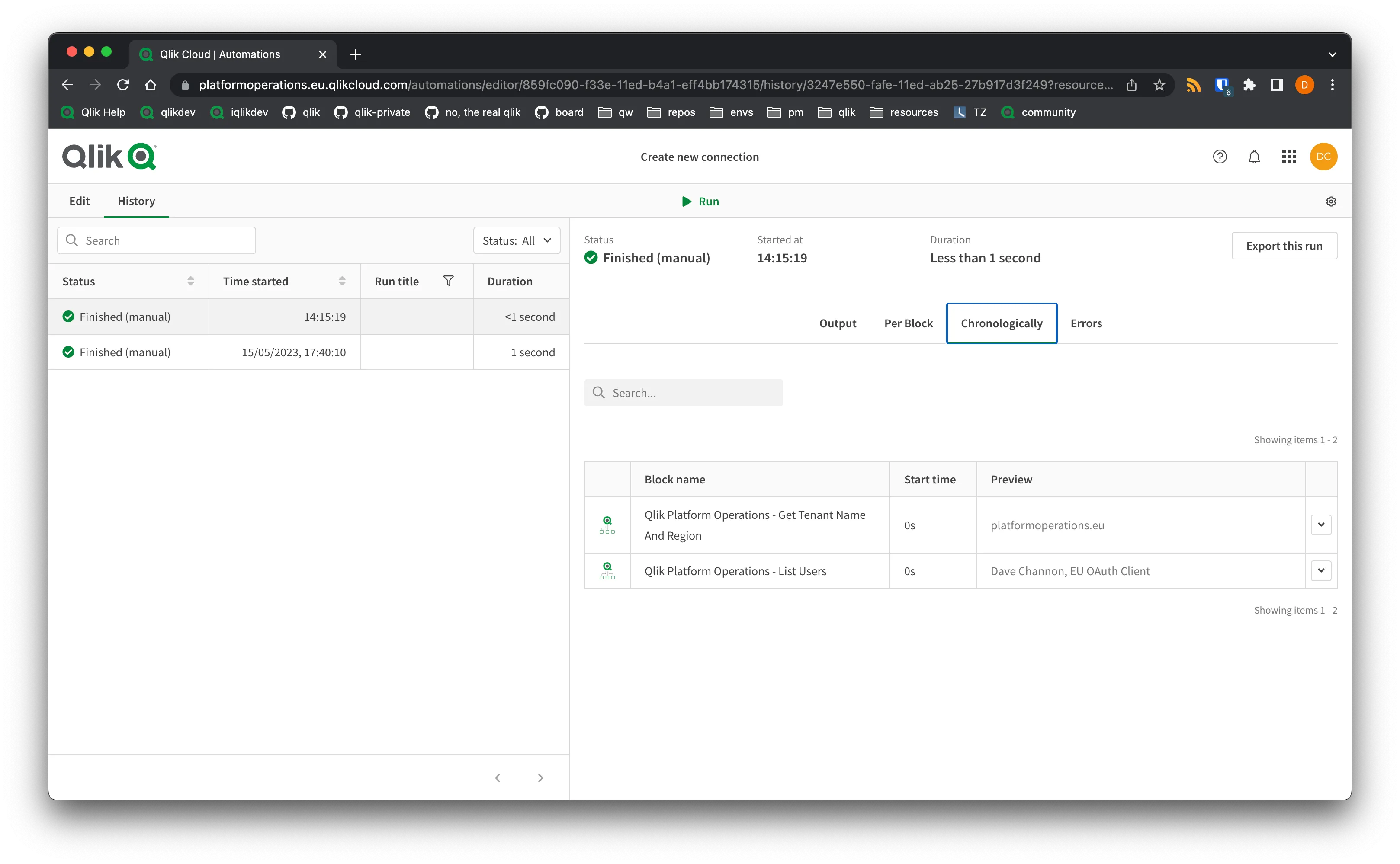 Browser window showing the automation run screen chronological view