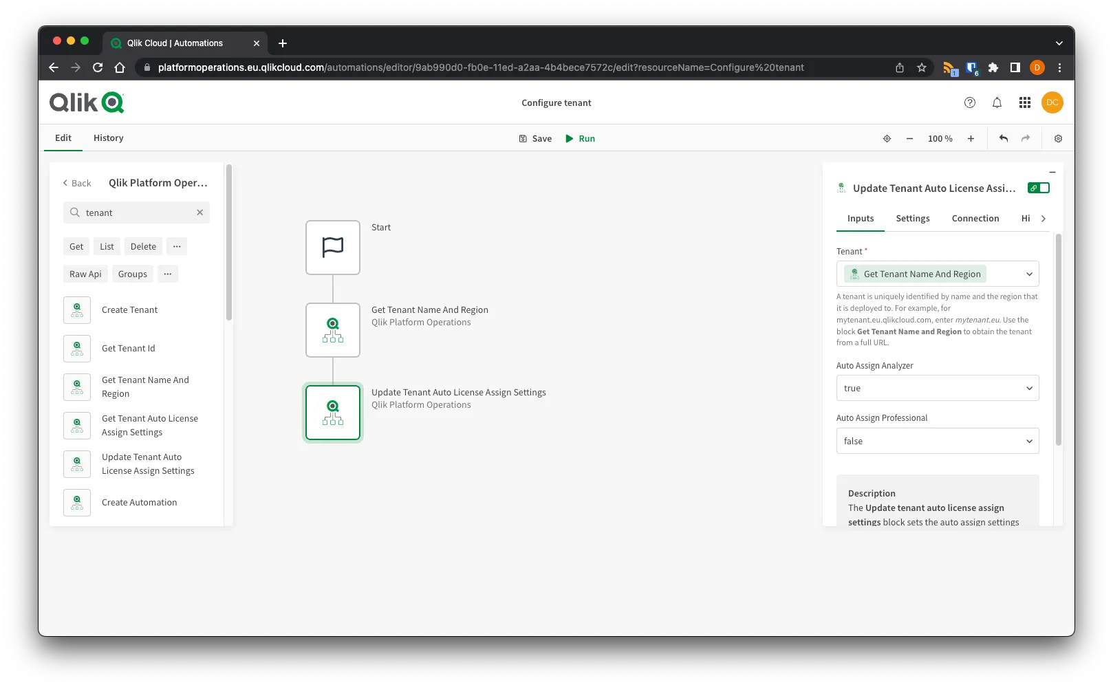 Browser window showing the Update Tenant Auto License Assignment block