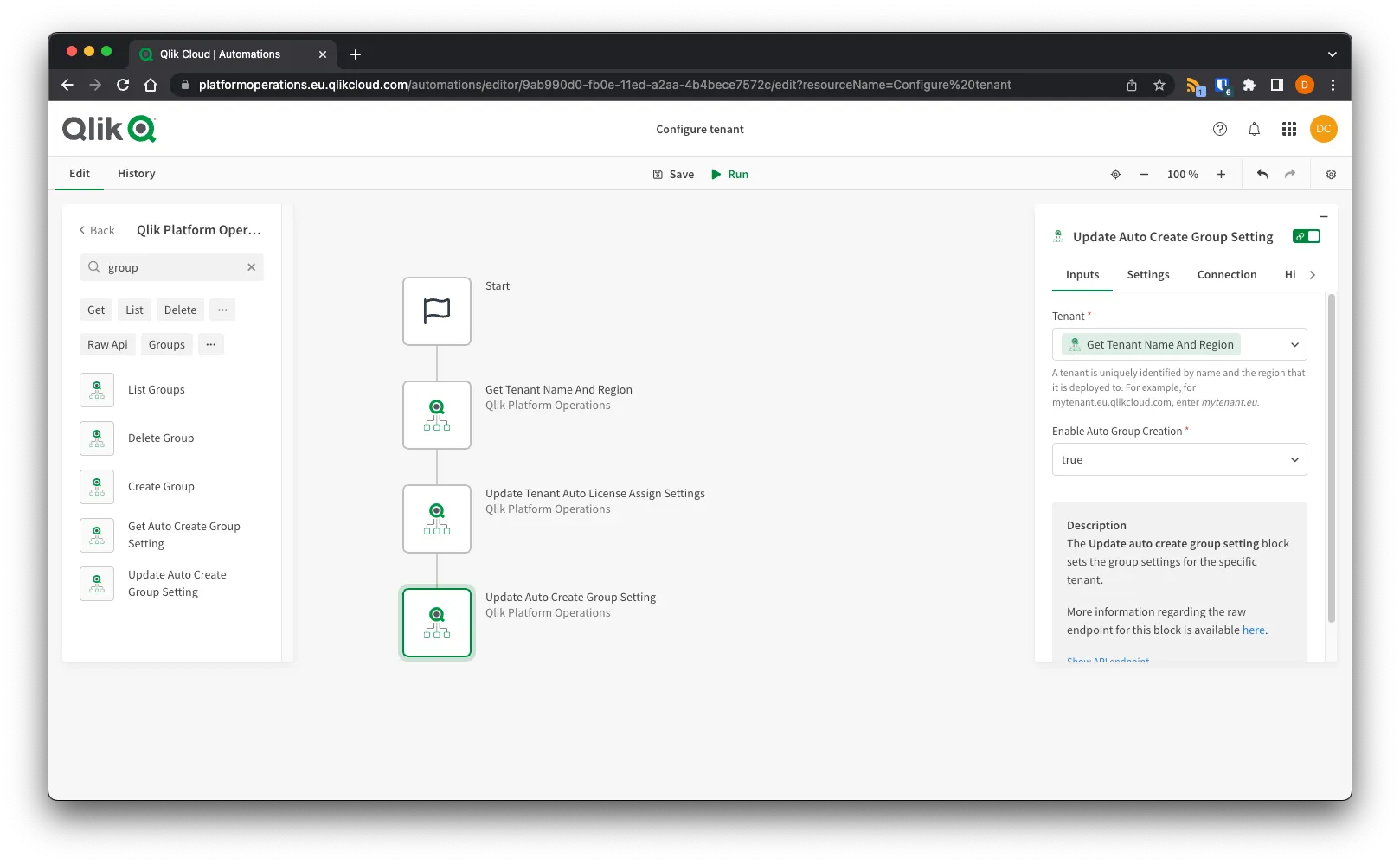 Browser window showing the Update Auto Create Group Settings block for the target tenant