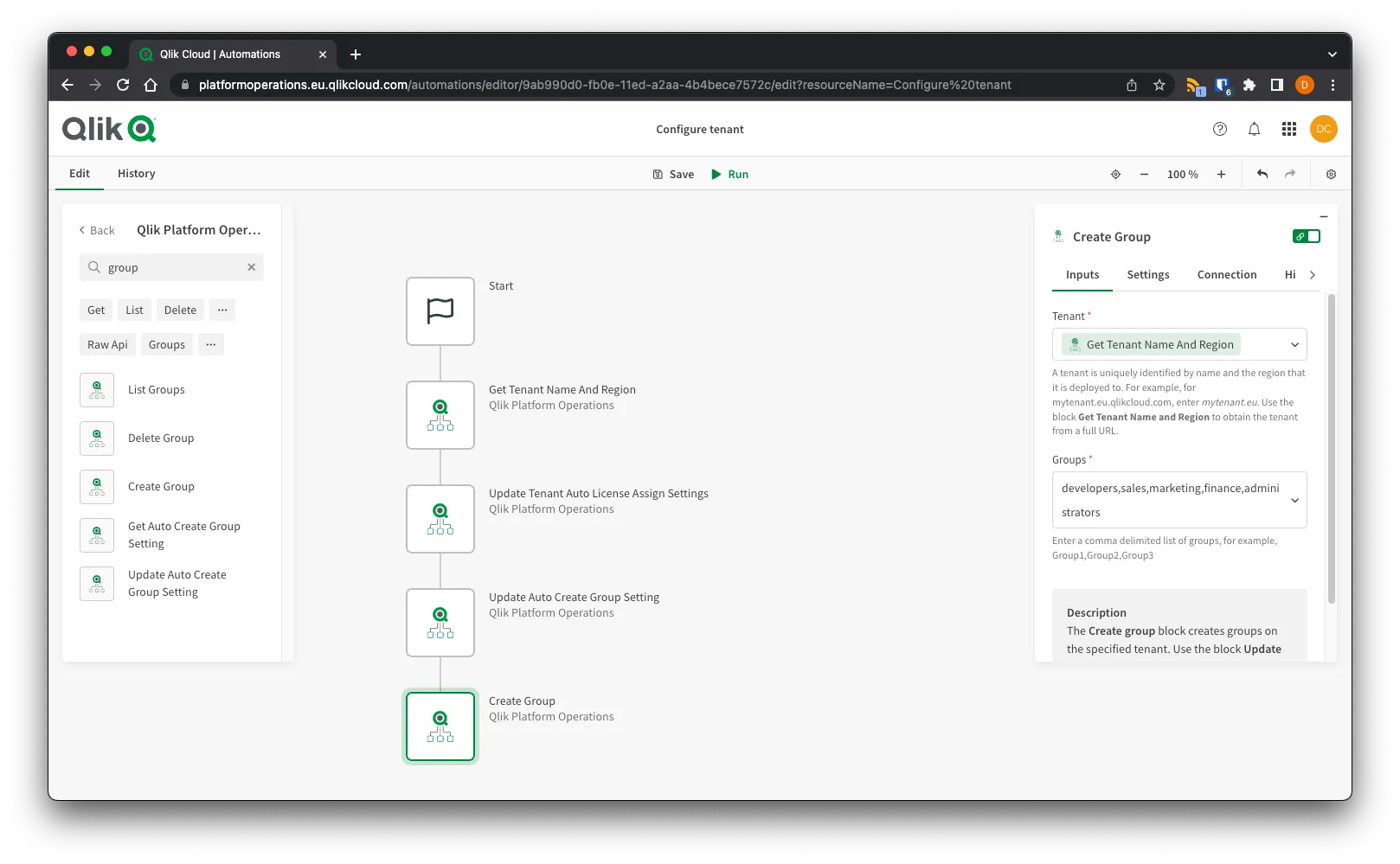 Browser window showing the Create Group block on the target tenant