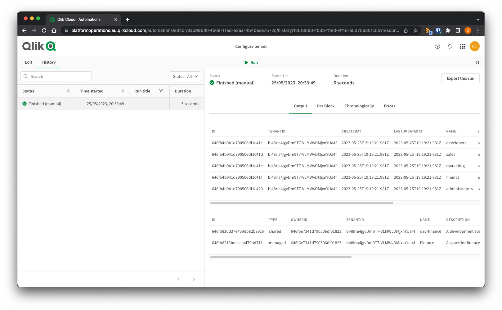 Browser window showing the output of the automation on the run screen