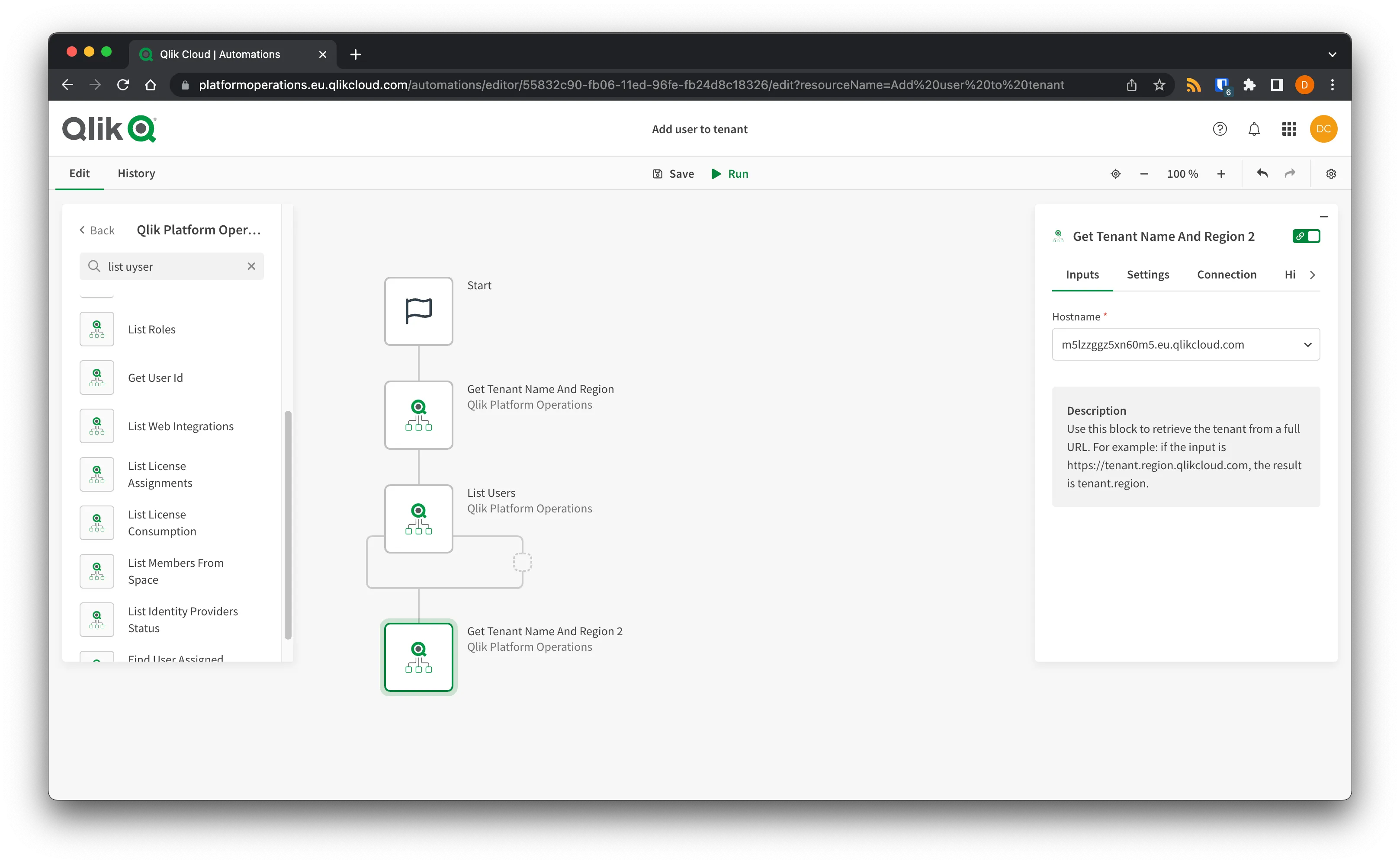 Browser window showing the get tenant block for the target tenant