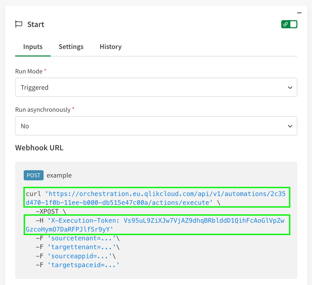 Triggered window showing the automation path and execution token