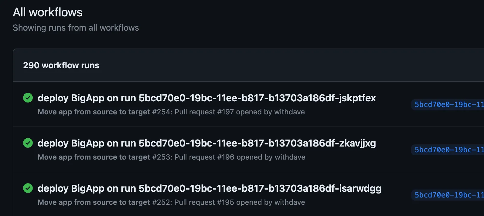 Workflow runs denoting deployments