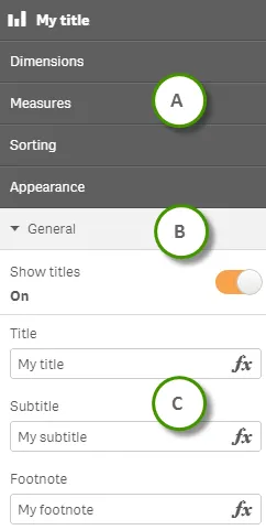 Properties panel example, with Sections at the
top, Header at the top of the currently opened Section, and Items below the
Header